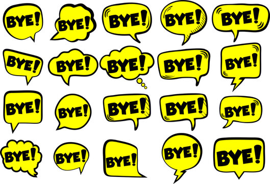 Cartoon comic sign burst clouds. Speech bubble, Bye sign expression and pop art text frames. Comics mem expressions speech, superhero book Bye label. Isolated vector symbols set