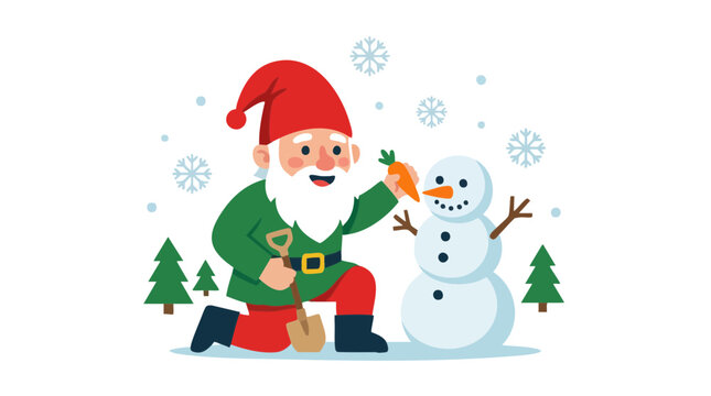 Christmas Gnome Building a Snowman in a Winter Forest Illustration