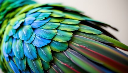 Obraz premium The image features a close up view of colorful bird feathers, showcasing vibrant shades of blue, green, and hints of yellow and red
