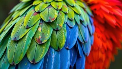 Fototapeta premium The image showcases a close up of a colorful bird's feathers, with a focus on the vibrant layers