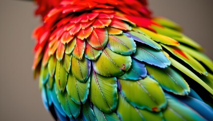 Obraz premium The image features a close up view of a bird's colorful feathers, showcasing a vibrant spectrum of colors from red and orange at the top to green, blue, and purple towards the bottom