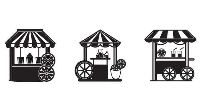 Black and white illustration of three different lemonade carts with striped awnings and various drink supplies on white background  food and beverage vendor carts
