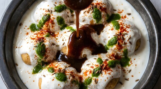 A delicious Indian street food dish called Dahi Vada being prepared