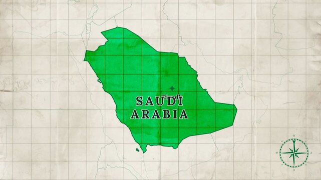 Vintage Style Animated Saudi Arabia Map with Green Country Fill and National Color on Old Paper Background

