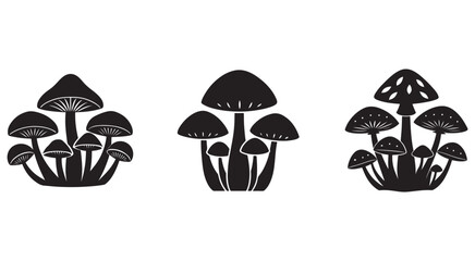 Fototapeta na wymiar Black and white illustration of various mushroom clusters isolated on white background for design elements