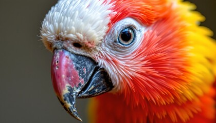 Fototapeta premium The image features a close up of a vibrantly colored bird with a prominent, curved beak. The bird's plumage is a mix of bright orange, yellow, and white feathers, creating a striking appearance