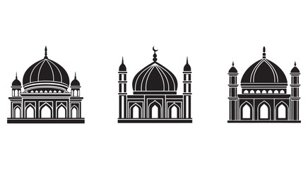 Obraz premium Black and white illustrations of different mosque architectures with domes and minarets various Islamic building designs