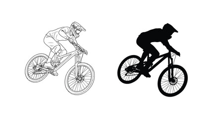 Fototapeta premium Skilled mountain biker performing an extreme jump in this clean black and white vector illustration design