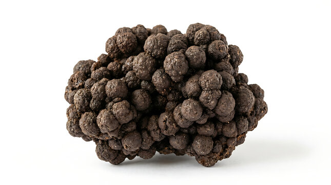 Close-up of a manganese nodule on a white background, a natural mineral formation