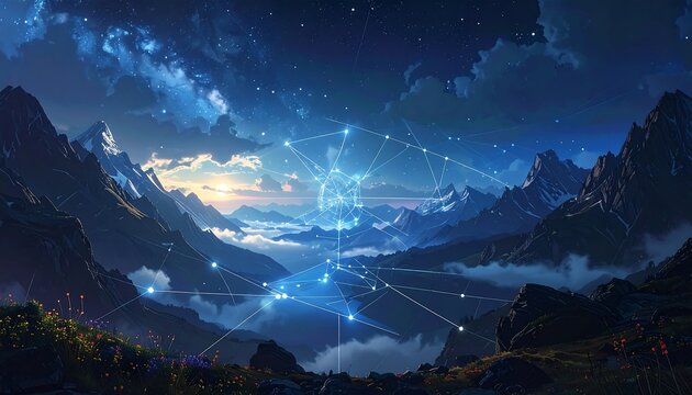 A futuristic mountain range at dusk with celestial connections