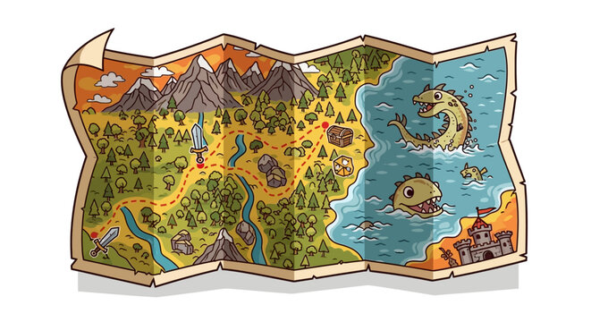 Detailed cartoon fantasy treasure map with a winding path, mountains, forest, castle, ocean, and mythical sea monsters