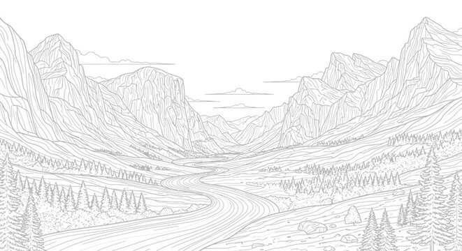 Detailed line art illustration of a majestic mountain valley with a winding river, forest, and towering peaks. Nature landscape outline.