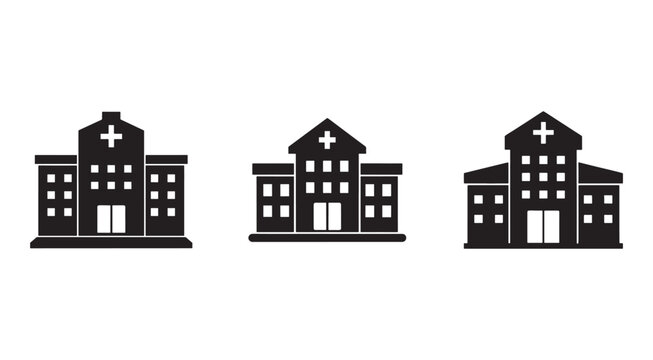Blackandwhite hospital building icons with cross on roof  medical facility symbols  healthcare architecture    simple illustrations of clinics