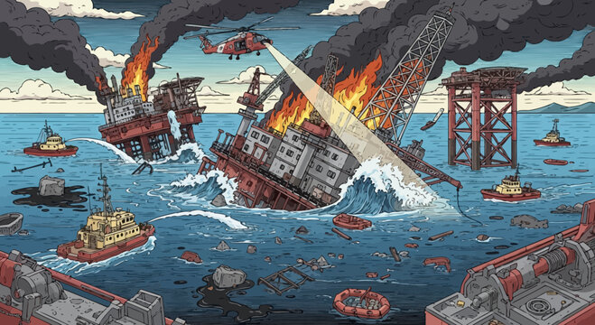 Oil Rig Disaster: Burning Platforms, Helicopter Rescue, and Tugboats Amidst Ocean Chaos