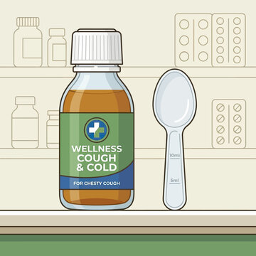 Bottle of cough and cold syrup with measuring spoon for medicinal dosage.