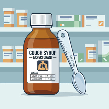 Bottle of cough syrup expectorant medication with a measuring spoon.