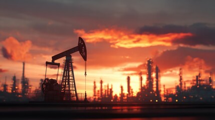 Obraz premium Oil Pump Silhouette Against Sunset Over Industrial Refining Factory
