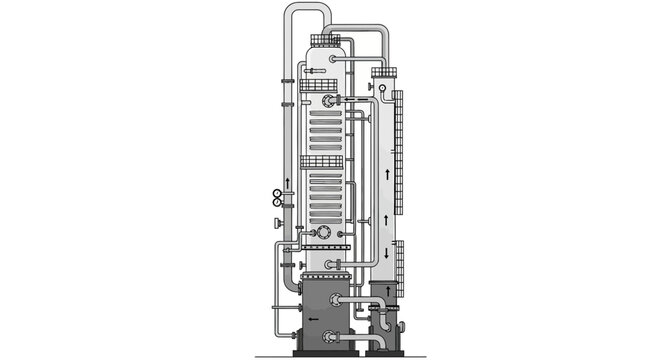 Industrial distillation column schematic diagram, chemical engineering process equipment