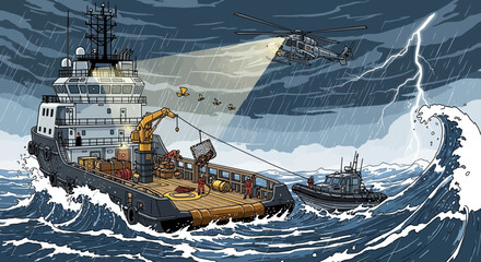 Offshore Rescue Operation: Supply Ship, Helicopter, and Tugboat in Stormy Seas © Udin