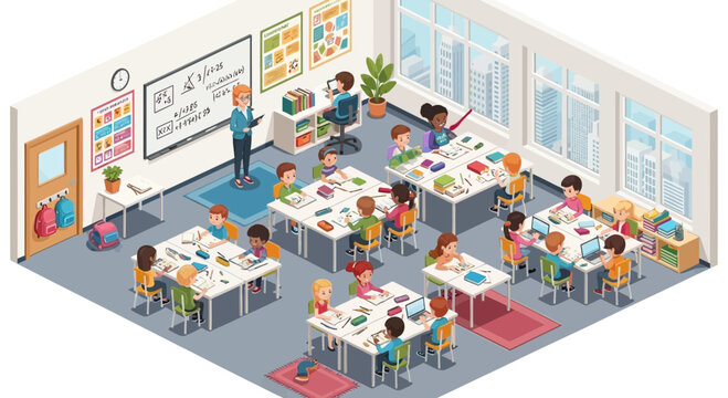 Diverse children learning in bright isometric elementary school classroom with teacher