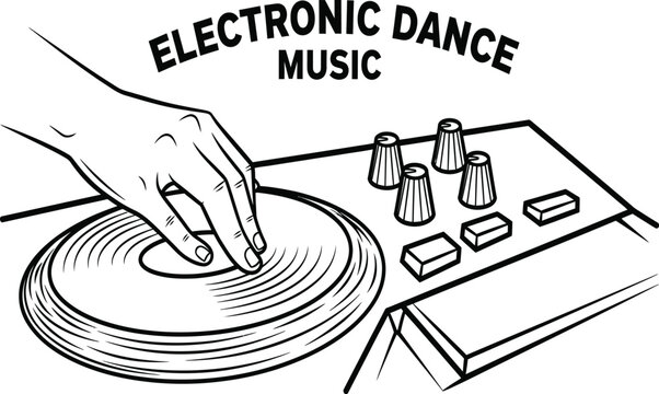 Black and White Graphic Illustration of a DJ Hand Mixing on a Turntable for Electronic Dance Music Isolated on White Background