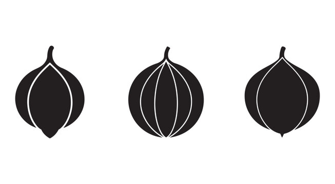 Onion silhouettes with white outlines in different orientations and cut views  vegetable illustrations