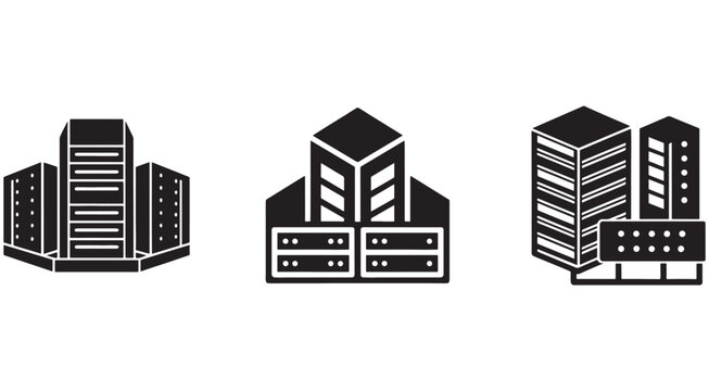 Server room data center computer servers storage devices network infrastructure equipment icons set  server room data center computer servers storage devices network infrastructure equipment icons set