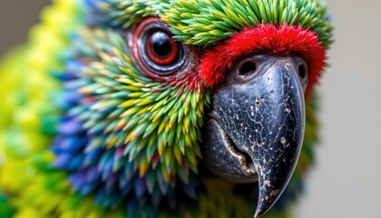 Fototapeta premium The image features a close up view of a vividly colored parrot, highlighting its striking plumage and facial features