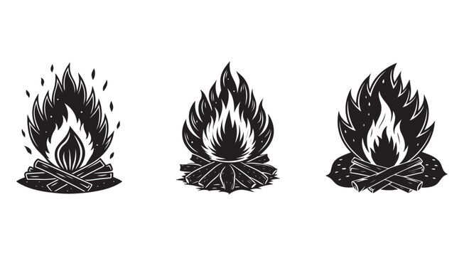 Set of campfires with different flames and logs on white background  burning wood piles with sparks  fireplaces for outdoor activities