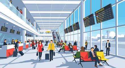 Obraz premium Busy airport terminal interior with travelers, check-in counters, departure boards, and escalators.