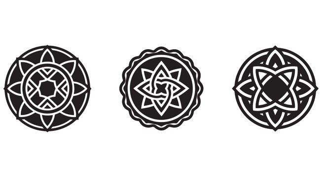 Set of three black and white mandala designs on white background  geometric patterns
