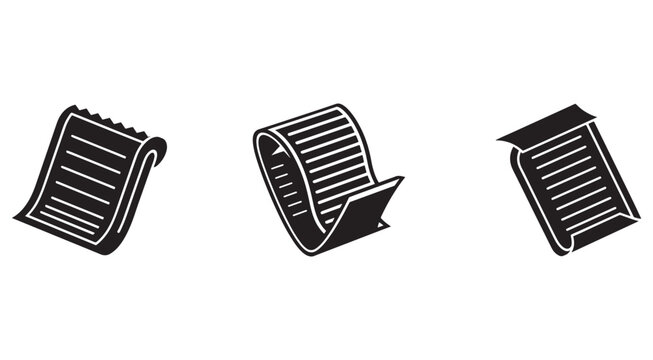 Set of three black and white receipt paper roll icons in different orientations  isolated on transparent background