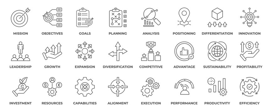 Business Strategy Icon Set. Containing icon mission, objectives, goals, planning, analysis, positioning, investment, innovation, leadership, growth and more. Outline Style Icon Vector Illustration.