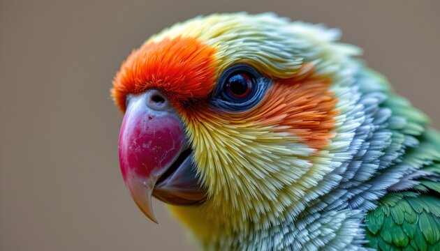 The image features a close up of a colorful parrot with intricate feather details. The bird's head is turned slightly to the side, showcasing its vibrant orange, yellow, green, and blue plumage