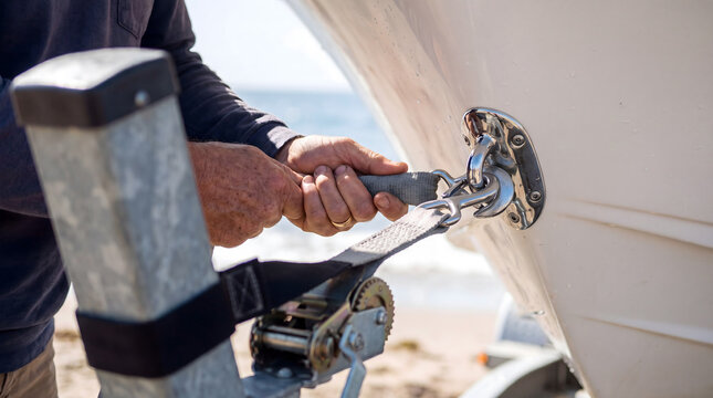 Person securing boat to trailer using winch strap