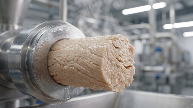 Plant-based meat extruding from industrial food processor