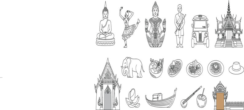 Thailand travel icons set with Buddha, temple, elephant and tuk tuk, vector line art illustration