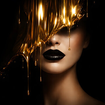 Luxury Woman Portrait with Melting Gold Liquid and Black Lips Dramatic Beauty Concept