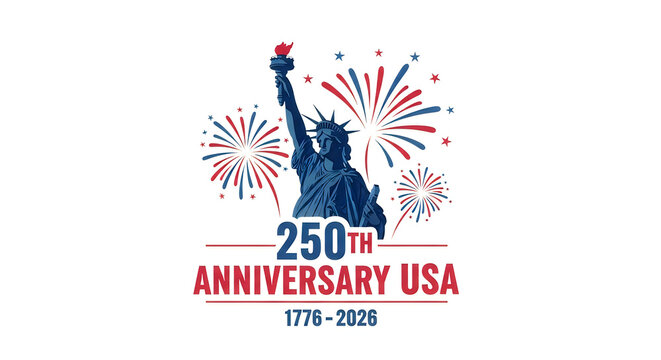 Patriotic 250th Anniversary USA celebration logo, Statue of Liberty with red white and blue fireworks, Semiquincentennial 1776-2026 commemorative design