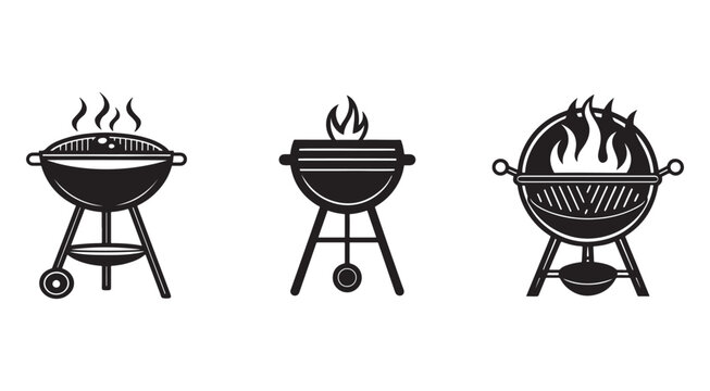 Three barbecue grills with smoke and flames burning on top for outdoor cooking and grilling food  simple black and white icons