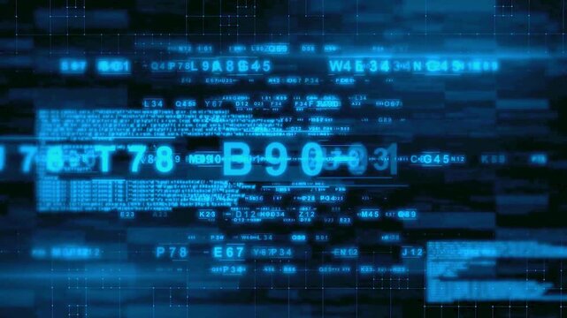 Blue digital data processing and computer code scrolling on a dark background for cybersecurity and big data concepts.
