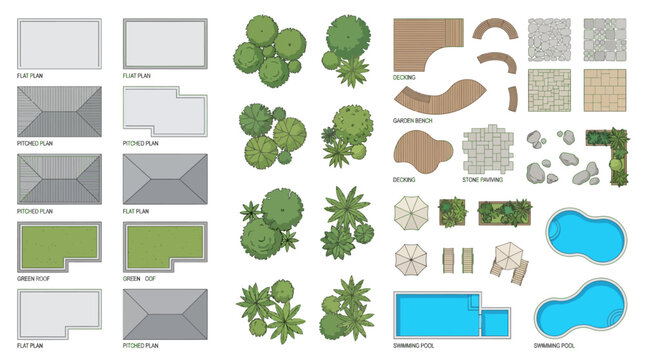 Comprehensive garden landscaping elements kit featuring trees, shrubs, pavers, stepping stones, gravel, and pool shapes for landscape design layouts.