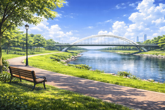河川敷の公園から見た橋とベンチの風景イラスト