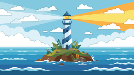 A beautifully illustrated lighthouse stands tall on a rocky island, casting its light over the ocean, symbolizing guidance, safety, and coastal charm. © xiao