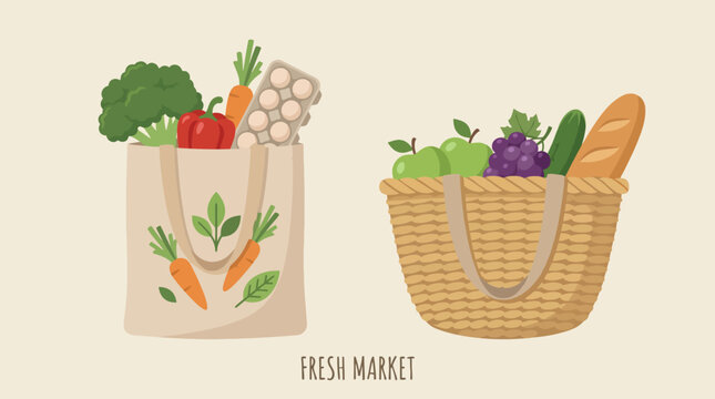 Colorful bags filled with fresh vegetables and eggs, representing a healthy lifestyle and a commitment to organic shopping at a fresh market or grocery store.