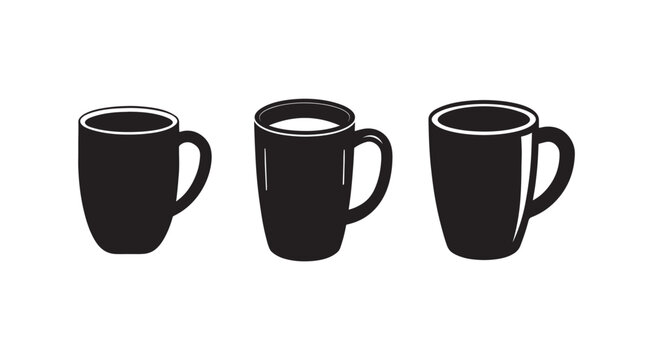Three black coffee mugs side by side on white background for beverage and drink related concepts and designs  coffee mugs