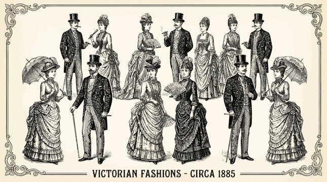 Victorian Fashions circa 1885: a detailed illustration of men and women in period attire with top hats, bustles, parasols, and corsets