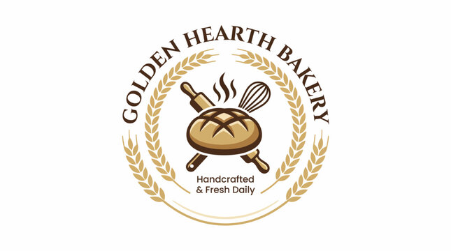 A warm and inviting bakery logo featuring a golden bread loaf and whisk, encapsulating the essence of handcrafted quality and the love for baking in every detail.