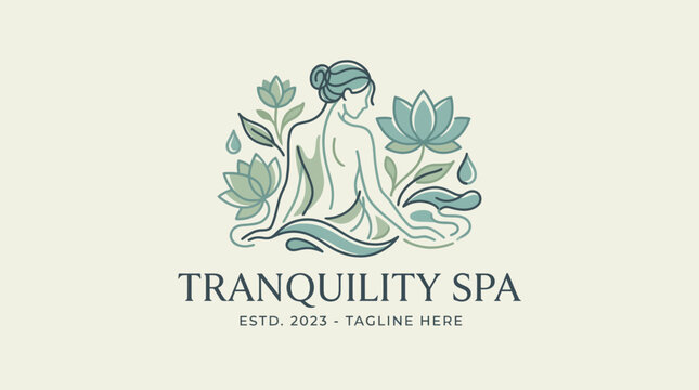 An elegant logo featuring a serene female figure amidst lotus flowers, representing tranquility, relaxation, and spa services focusing on wellness and balance.