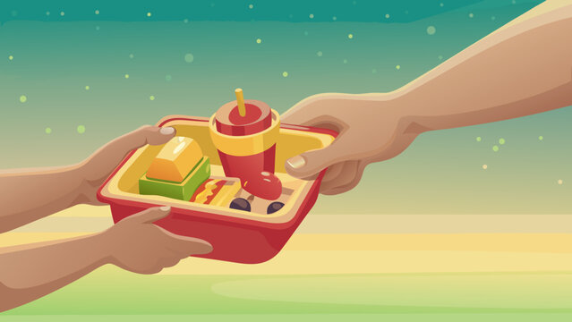 Serving Kids Meal Scene Vector Illustration of wo